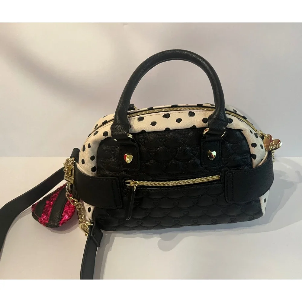 Betsy Johnson Purse Bag Handbag Black White Polka Dot Pink Sequin Bow With Strap